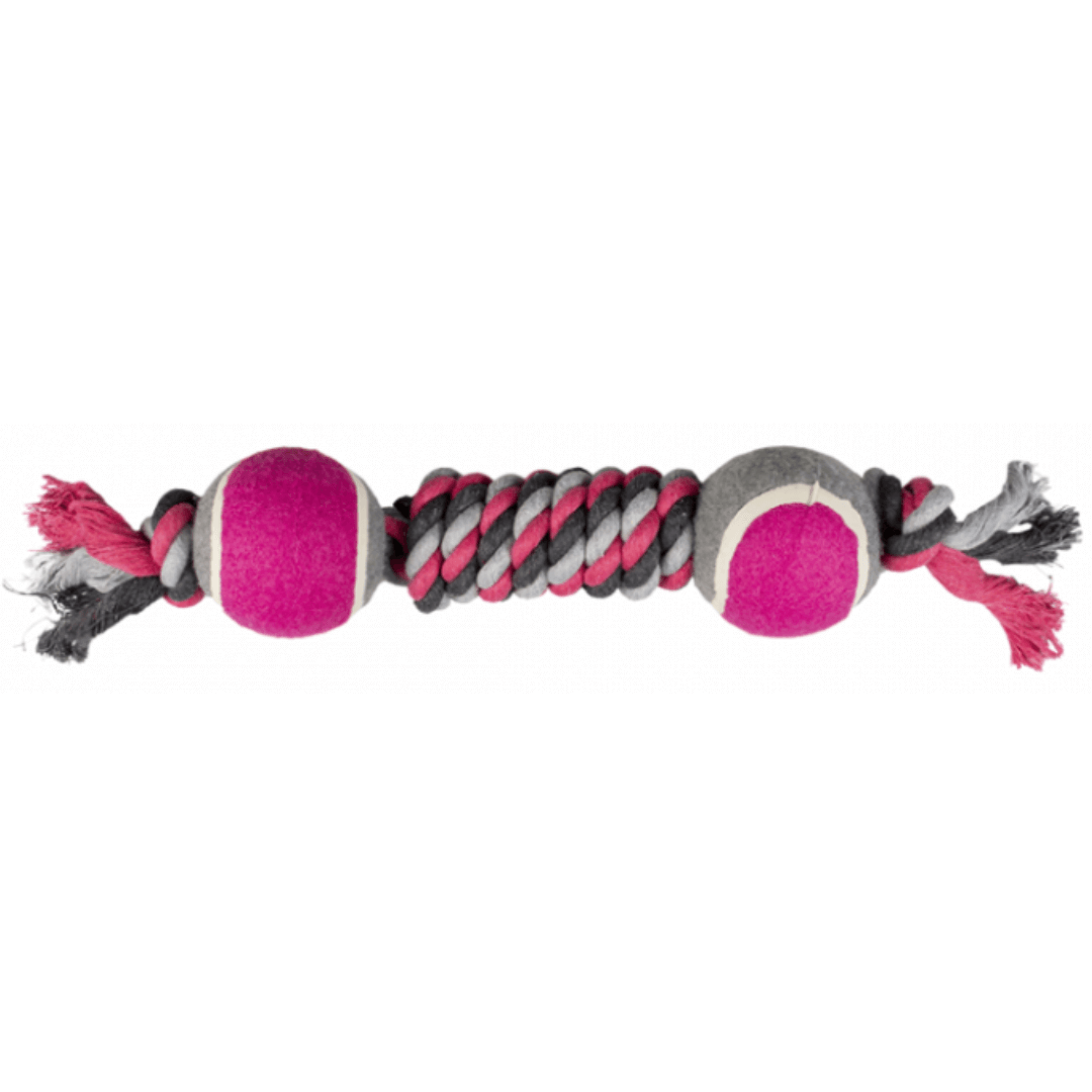 Duvo+ | Tug toy knotted cotton dummy & 2 tennis ball Grey/pink لعبة شد دوڤو بلس مع حبل قطني وكرتي تنس رمادي/وردي - الصورة 1
