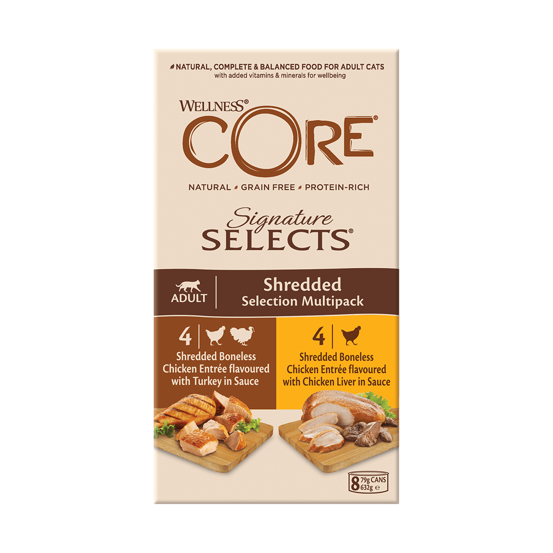 Wellness CORE Signature Selects Cans of Shredded Chicken Multipack wet food for Cats, 8x79g ويلنس كور سيجنتشر سيليكتس طعام قطط مقطع الدجاج متعدد العبوات - الصورة 1